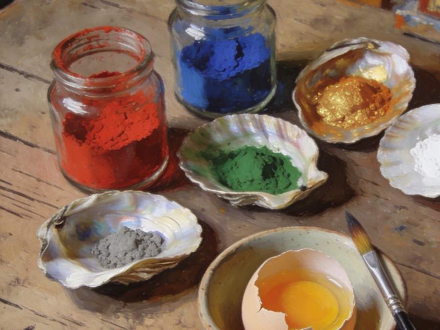 Ilustracja: słoiki i muszle z pigmentami mineralnymi, żółtko oddzielone w miseczce, pędzel
