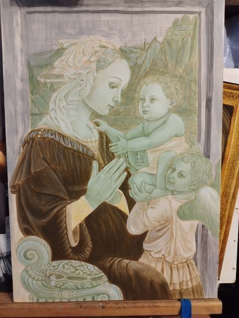Madonna z Dzieciątkiem i dwoma aniołami — w trakcie malowania