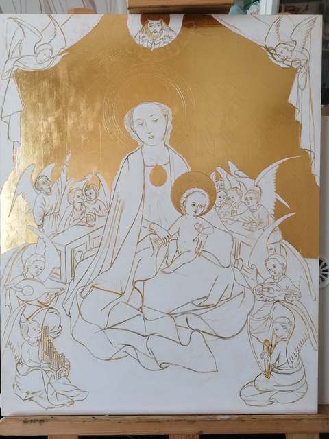 Madonna w ogrodzie różanym wg S. Lochnera — w trakcie malowania